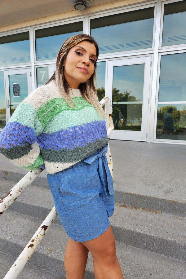Mixed Knit Blue/Green Striped Sweater - Ellekin 