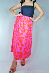 Pink + Red Abstract Printed Midi Skirt