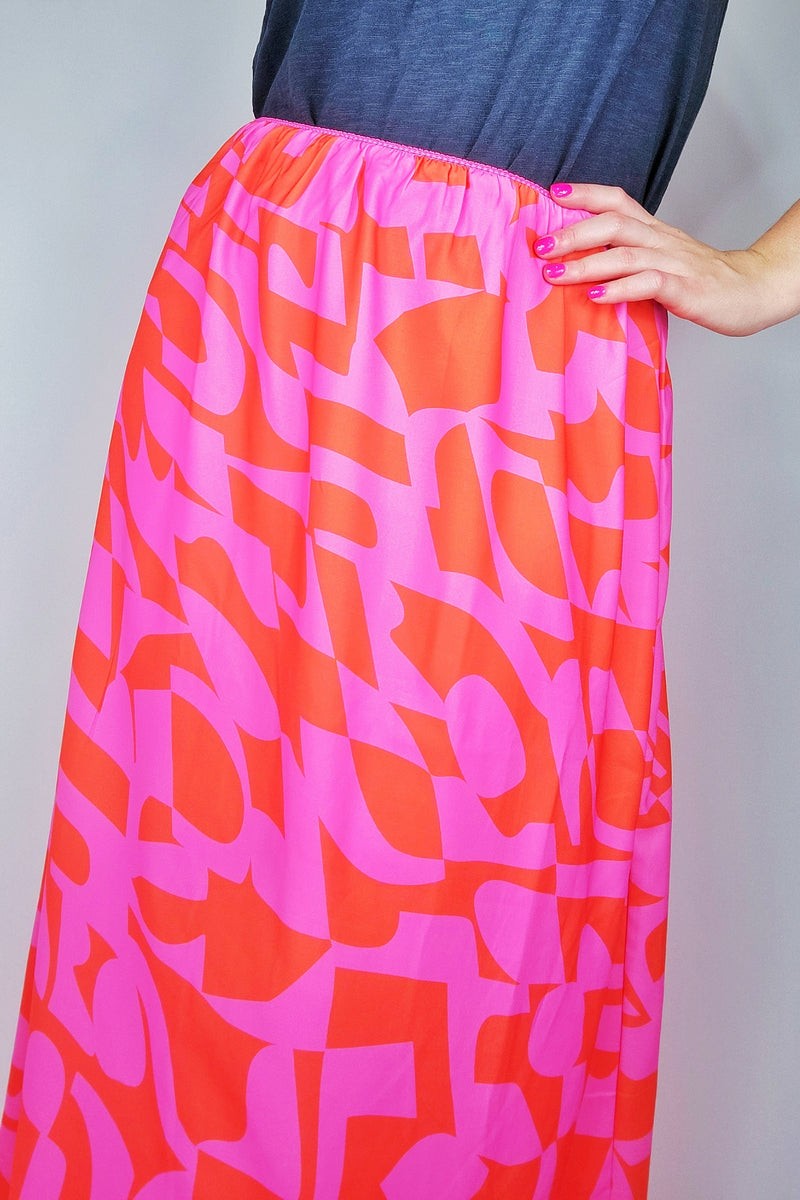 Pink + Red Abstract Printed Midi Skirt