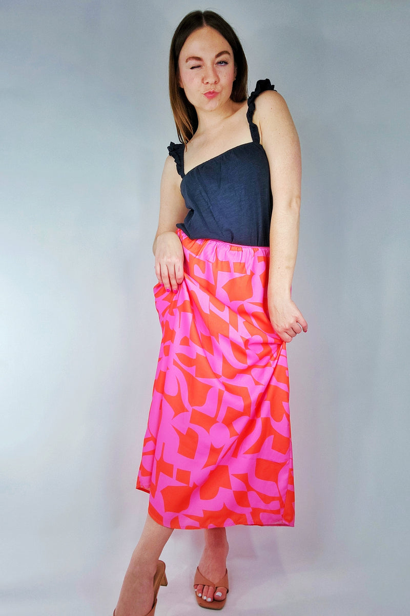 Pink + Red Abstract Printed Midi Skirt