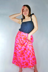 Pink + Red Abstract Printed Midi Skirt