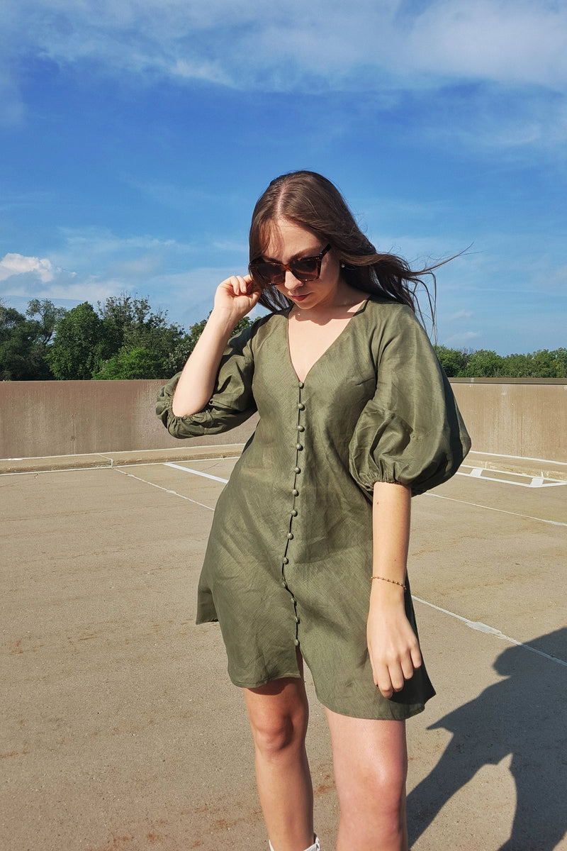 Olive Linen Puff Sleeve Mini Dress