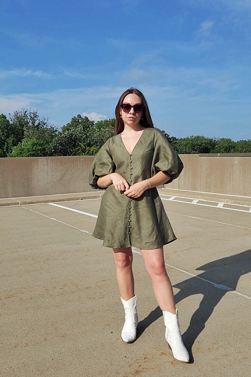 Olive Linen Puff Sleeve Mini Dress