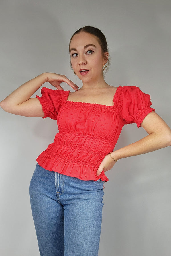 Red Smocked Milkmaid Top