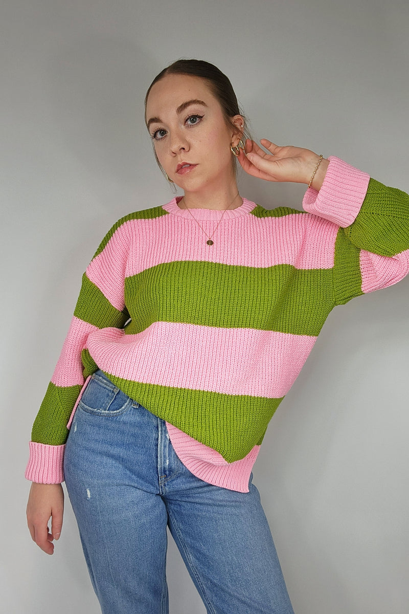 Pink Green Striped Recycled Cotton Sweater