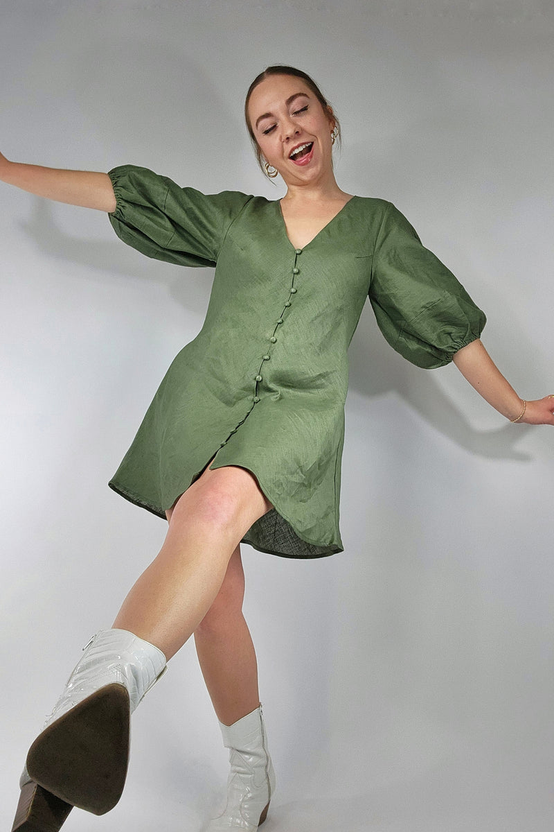 Olive Linen Puff Sleeve Mini Dress