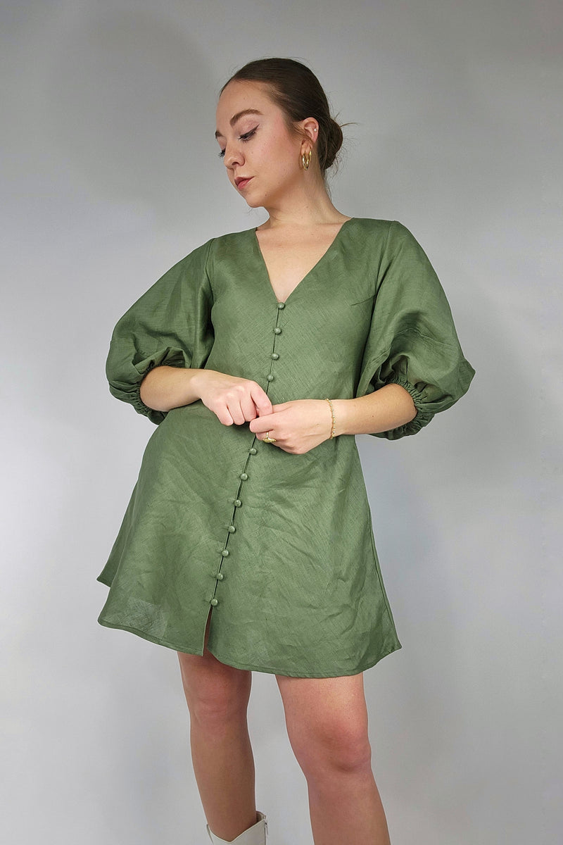 Olive Linen Puff Sleeve Mini Dress