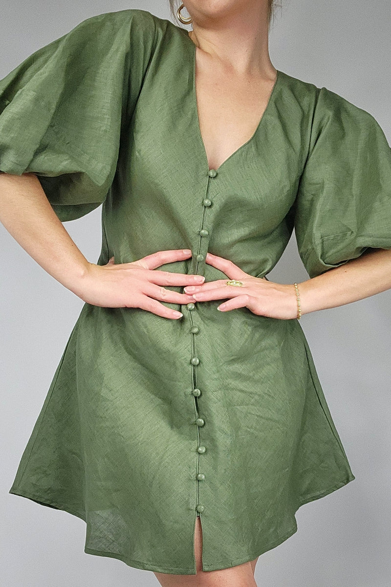 Olive Linen Puff Sleeve Mini Dress