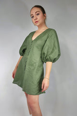 Olive Linen Puff Sleeve Mini Dress