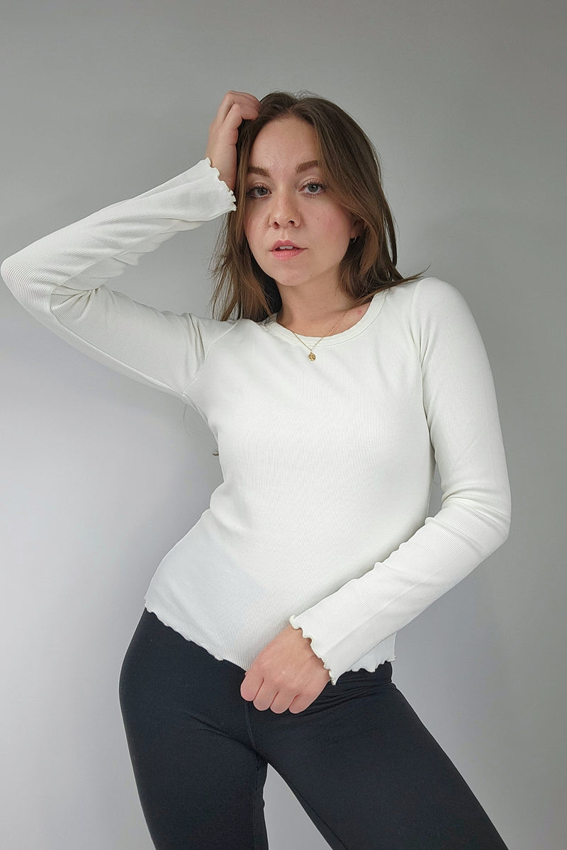 White Organic Cotton Long Sleeve Fitted Rib Scoop Neck Tee