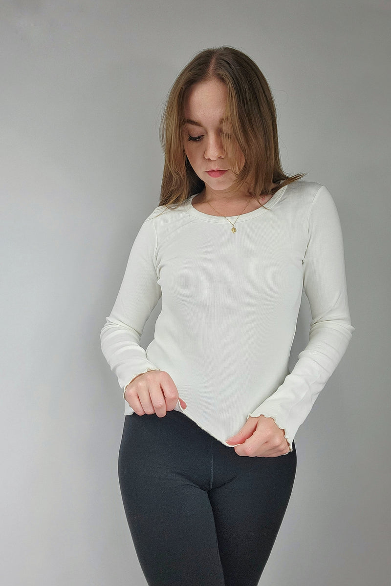 White Organic Cotton Long Sleeve Fitted Rib Scoop Neck Tee