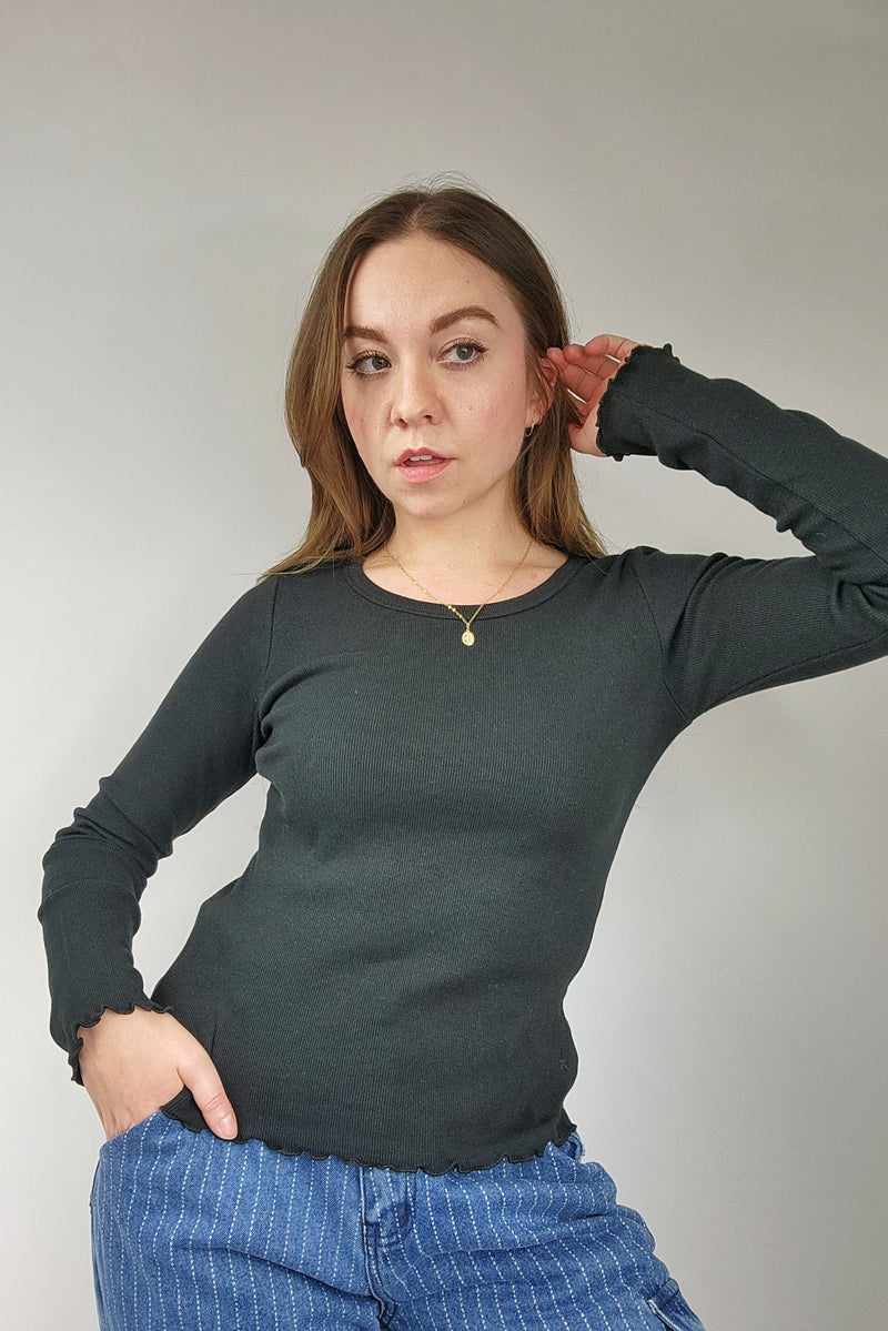 Black Organic Cotton Long Sleeve Fitted Rib Scoop Neck Tee