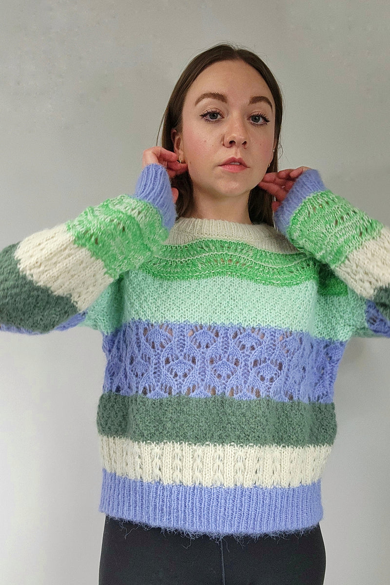 Mixed Knit Blue/Green Striped Sweater