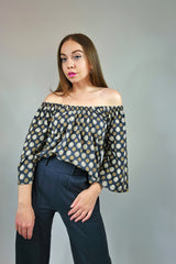 Printed Off the Shoulder Bell Sleeve Knit Top