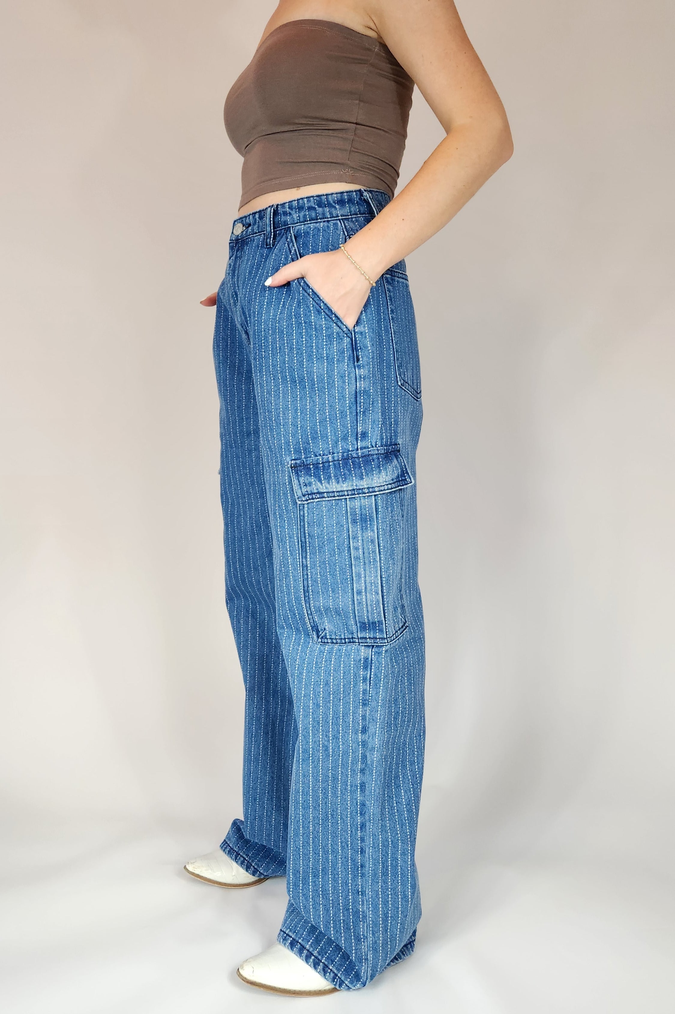 Pinstripe Denim Baggy Cargo Jeans – Ellekin