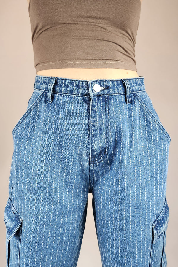 Pinstripe Denim Baggy Cargo Jeans - Ellekin 