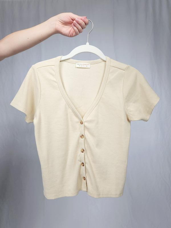 Short Sleeve Button Front Rib Top