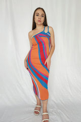 One Shoulder Multicolor Knit Midi Dress