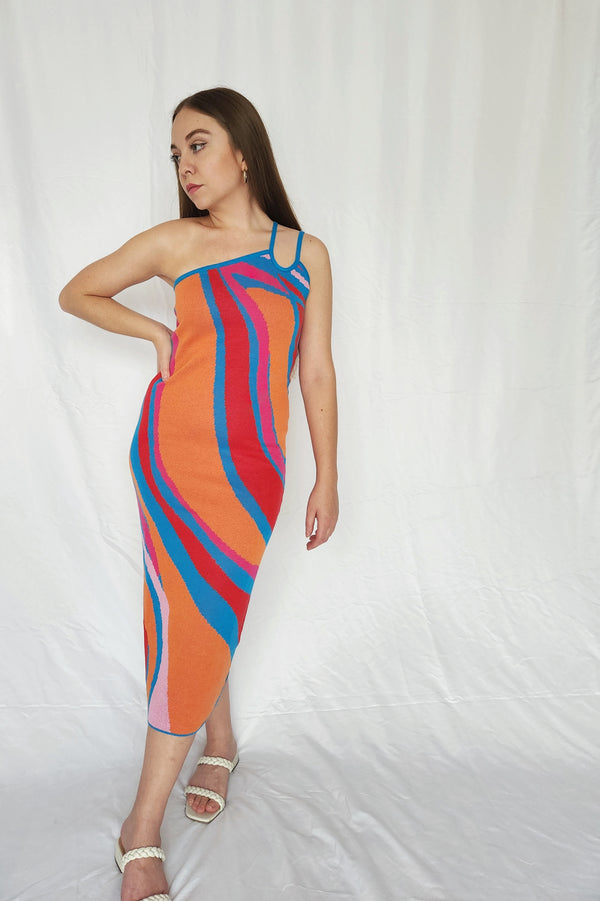 One Shoulder Multicolor Knit Midi Dress - SALE - Ellekin 