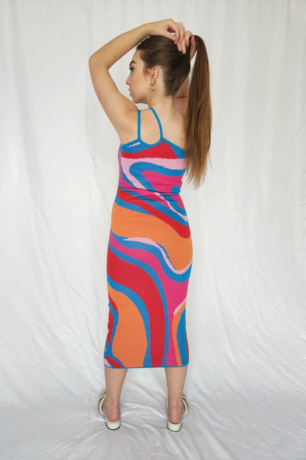 One Shoulder Multicolor Knit Midi Dress