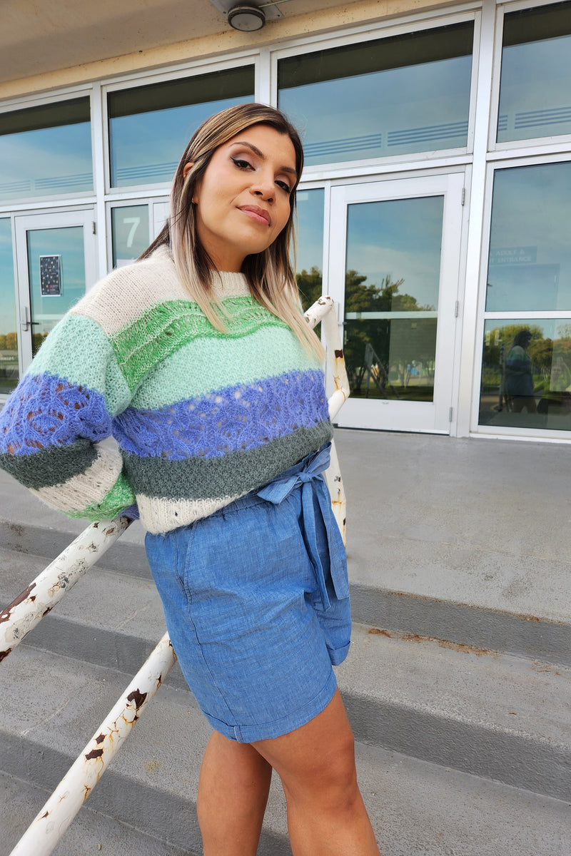 Mixed Knit Blue/Green Striped Sweater