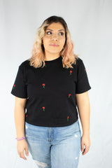 Rose Embroidered Cropped Black Tee