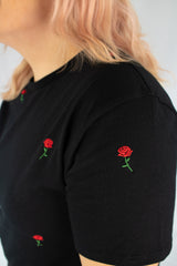 Rose Embroidered Cropped Black Tee - SALE - Ellekin 