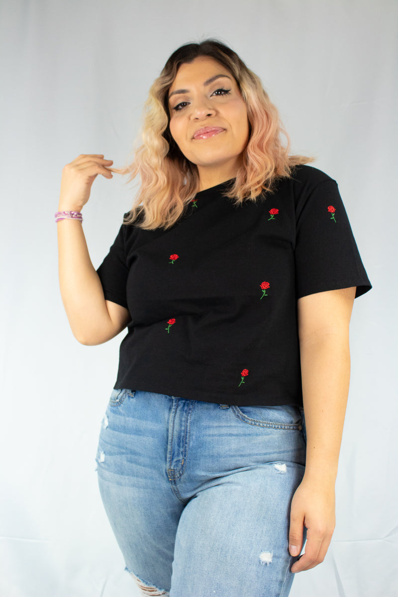 Rose Embroidered Cropped Black Tee