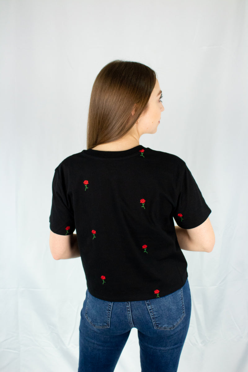 Rose Embroidered Cropped Black Tee
