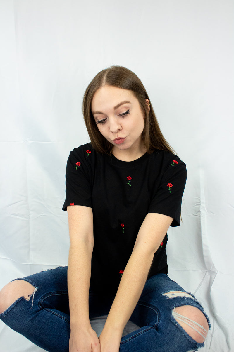 Rose Embroidered Cropped Black Tee - SALE