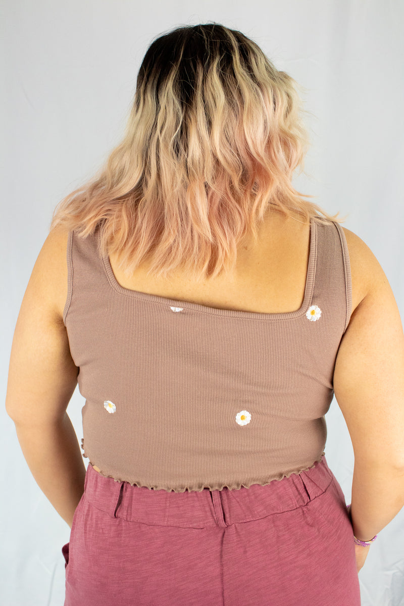 Light Brown Floral Embroidered Cropped Tank