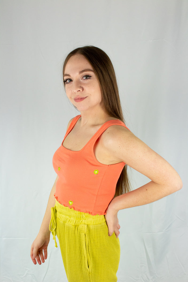 Orange Floral Embroidered Cropped Tank