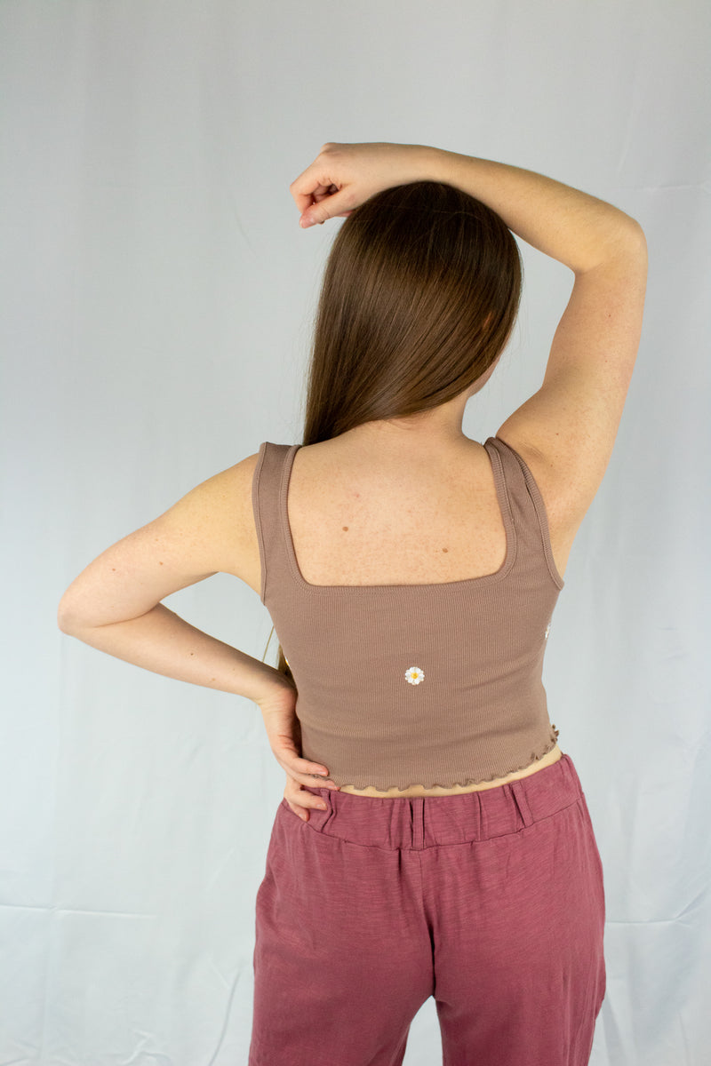 Light Brown Floral Embroidered Cropped Tank