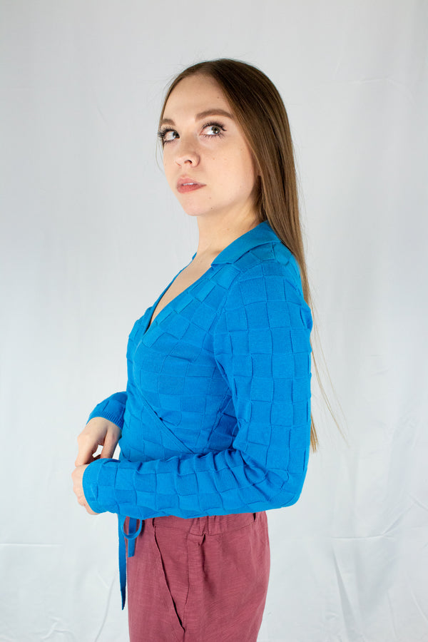 Blue Checkerboard Long Sleeve Knit Wrap Top - SALE - Ellekin 