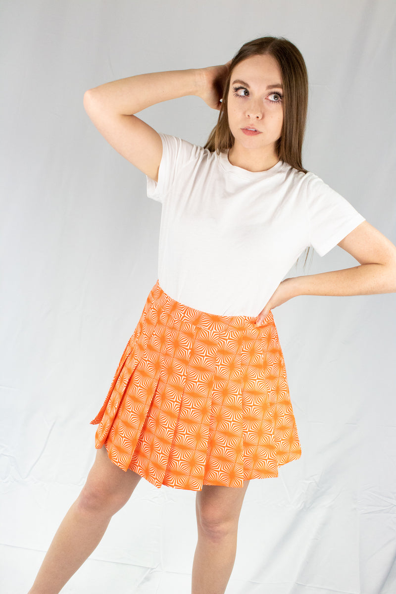 Orange Trippy Print Pleated Mini Skirt