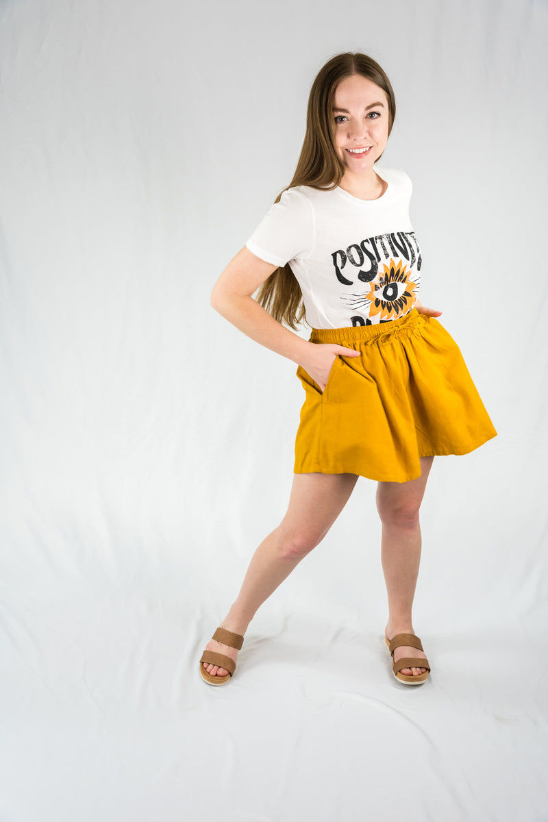Model wearing A-Line High Rise Linen Tencel Blend, carbon neutral Shorts