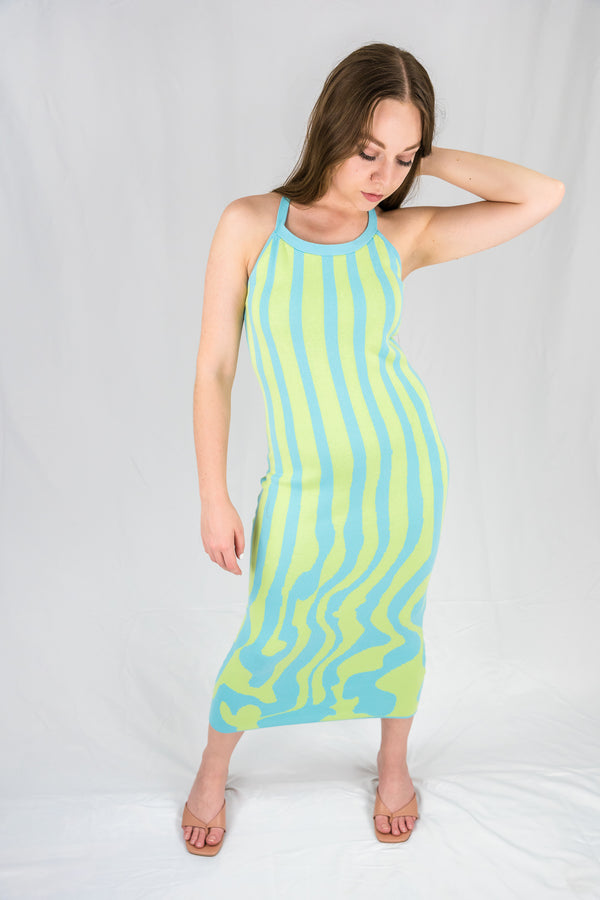 Blue and Green Melting Stripes Knit Midi Dress - SALE - Ellekin 