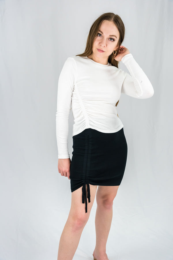 Asymmetrical Rouched Rib Long Sleeve Top
